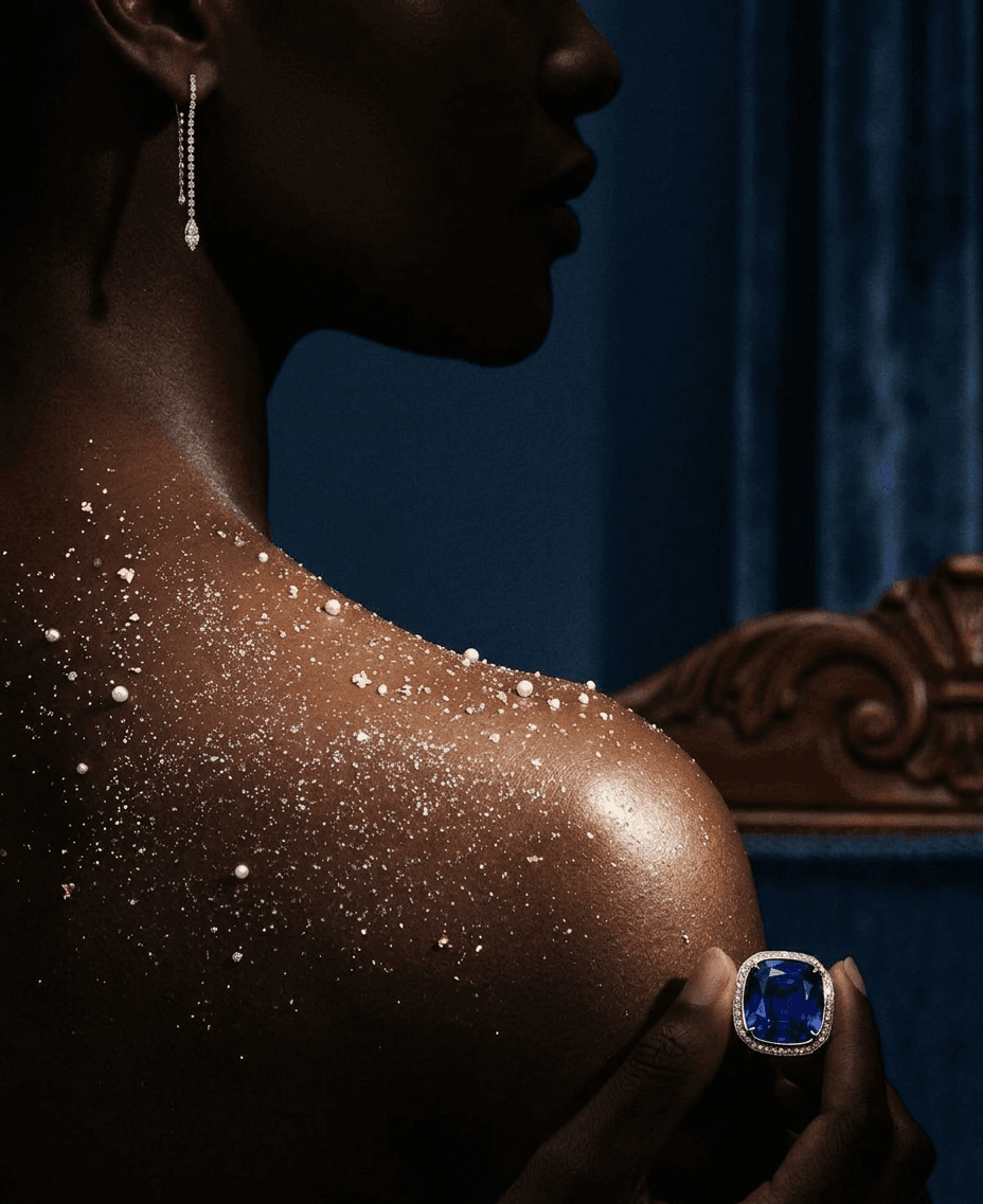 Close-up of a model's shoulder with gold and pearl jewelry and a blue gemstone ring.