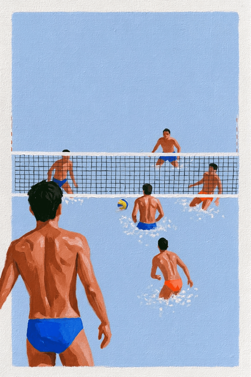 Illustration of players engaged in a beach volleyball game with a blue background.