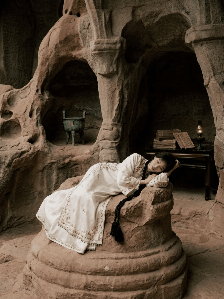A young woman in a white gown reclines on a rock in a cave with ancient artifacts in the background.