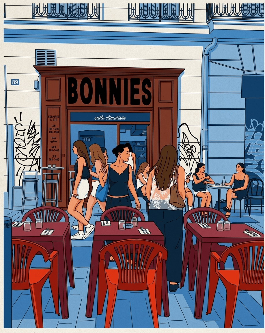 Illustration of women interacting at an outdoor café with red tables and graffiti.
