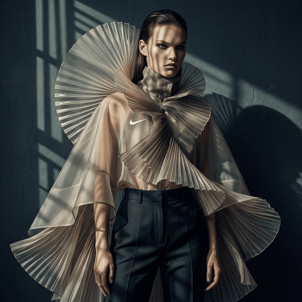 A model in a pleated beige blouse and black trousers against a dark backdrop.