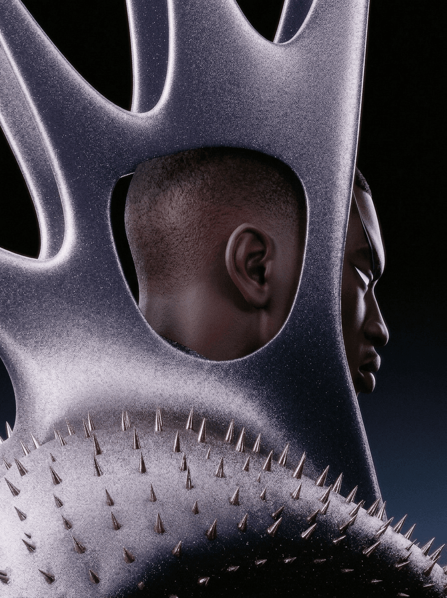 3D illustration of a sculptural figure with spiky textures and dark contours.