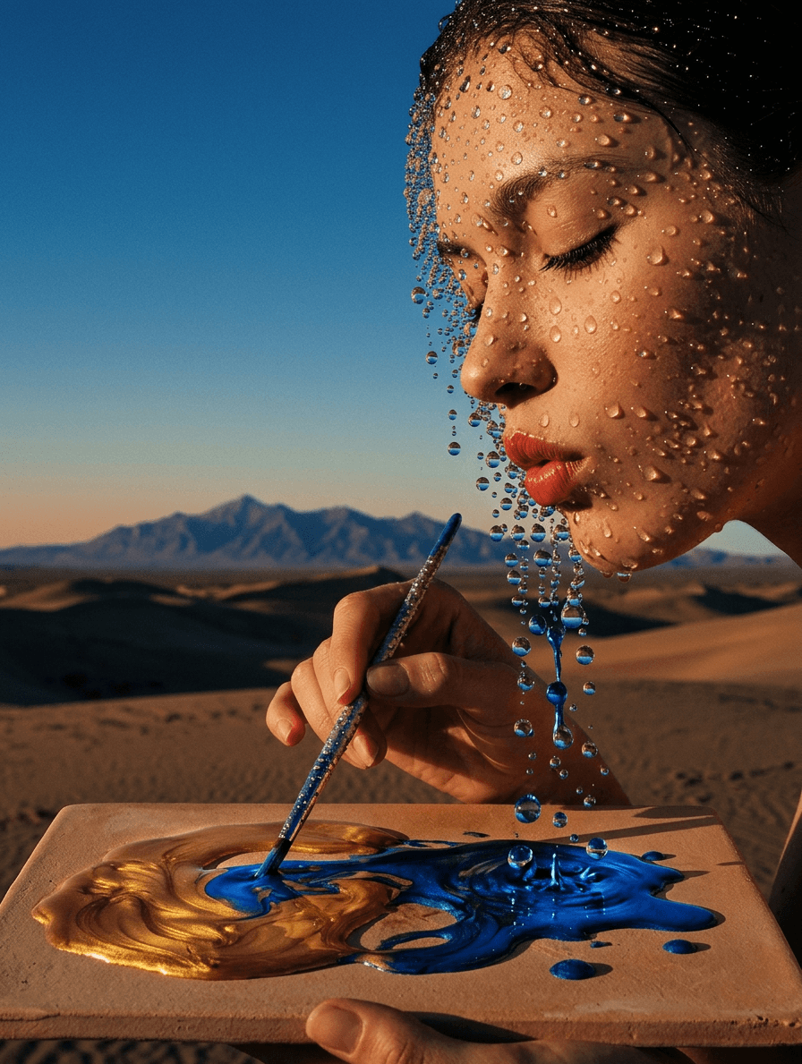 Woman with water droplets painting a canvas in warm light.