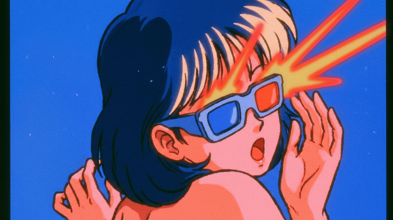 Illustration of a young woman in 3D glasses with colourful laser beams and a blue background.