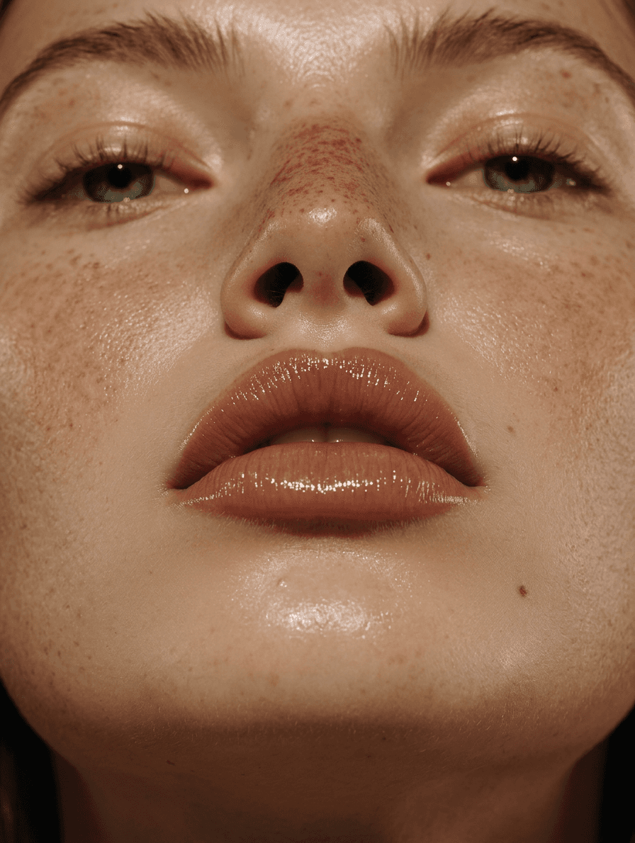 Close-up of a woman's face showing freckles and glossy lips.