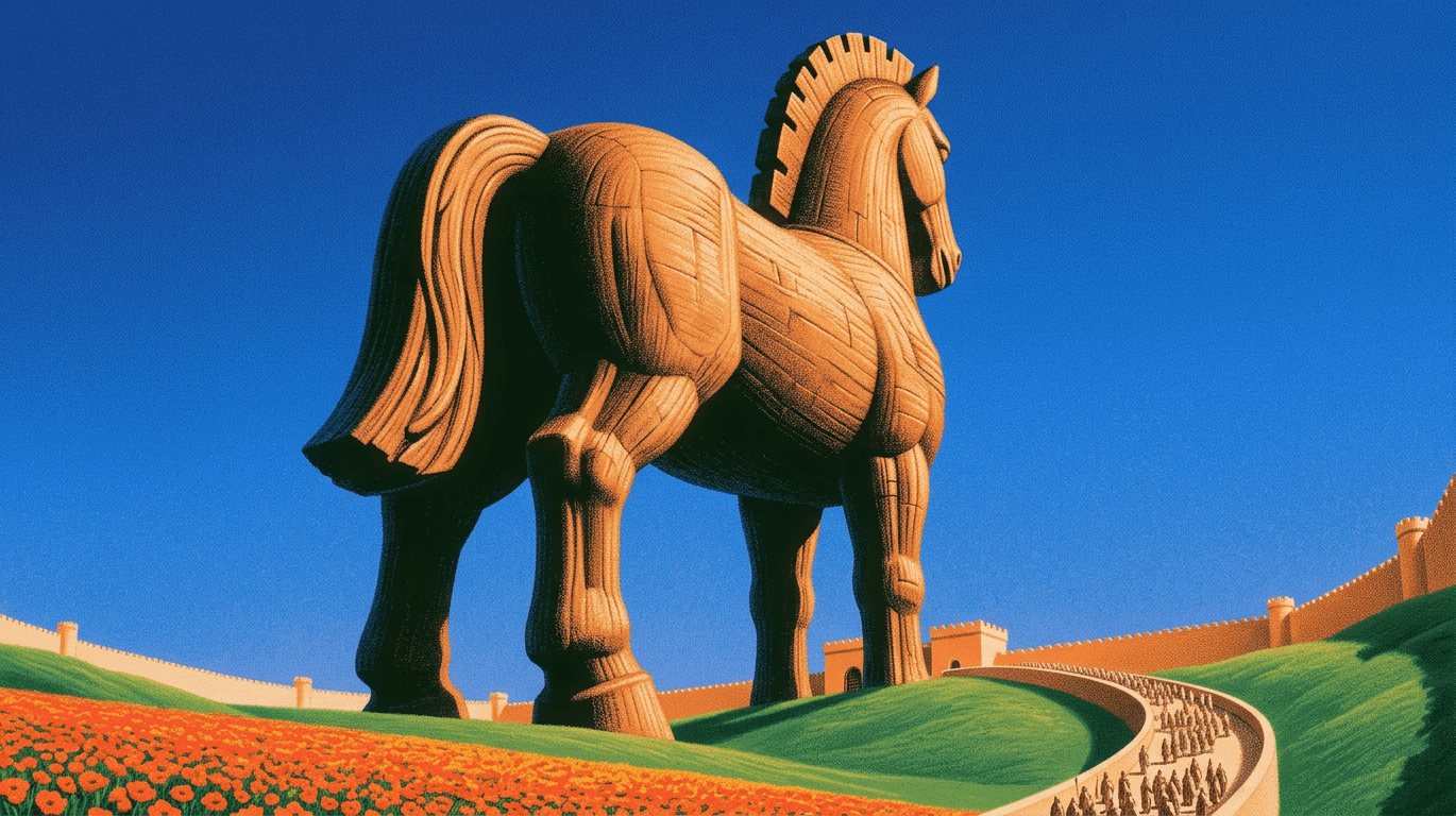 A large wooden Trojan horse with a pathway and small figures, under a clear blue sky.