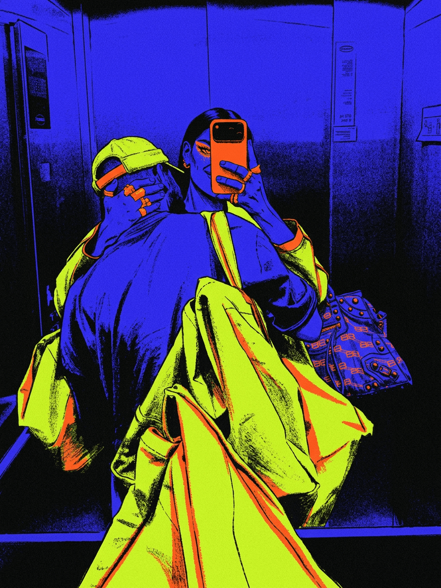 Two figures in an elevator, reflected in a mirror, with bold blue and yellow colours.