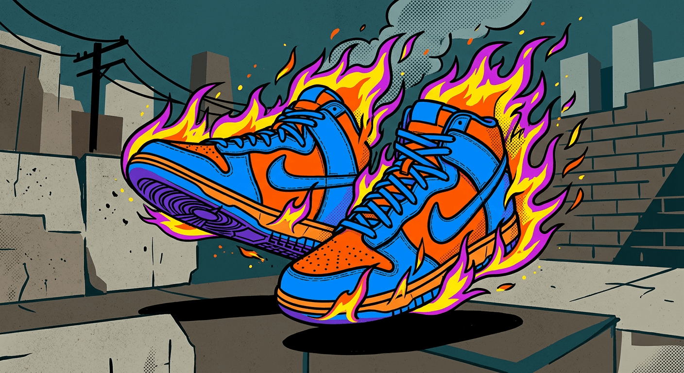 Illustration of sneakers surrounded by flames in orange and blue colours.