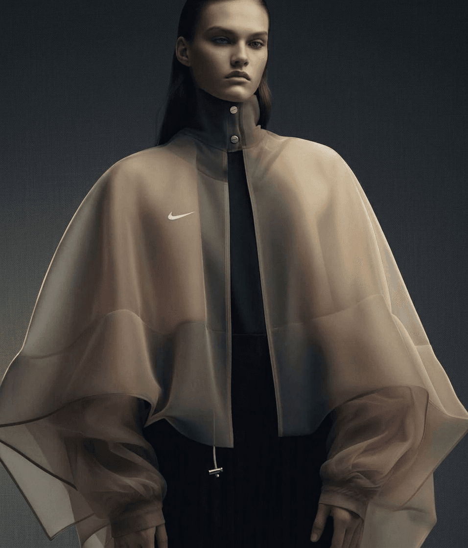 A model wearing a translucent oversized Nike jacket in soft neutral tones.