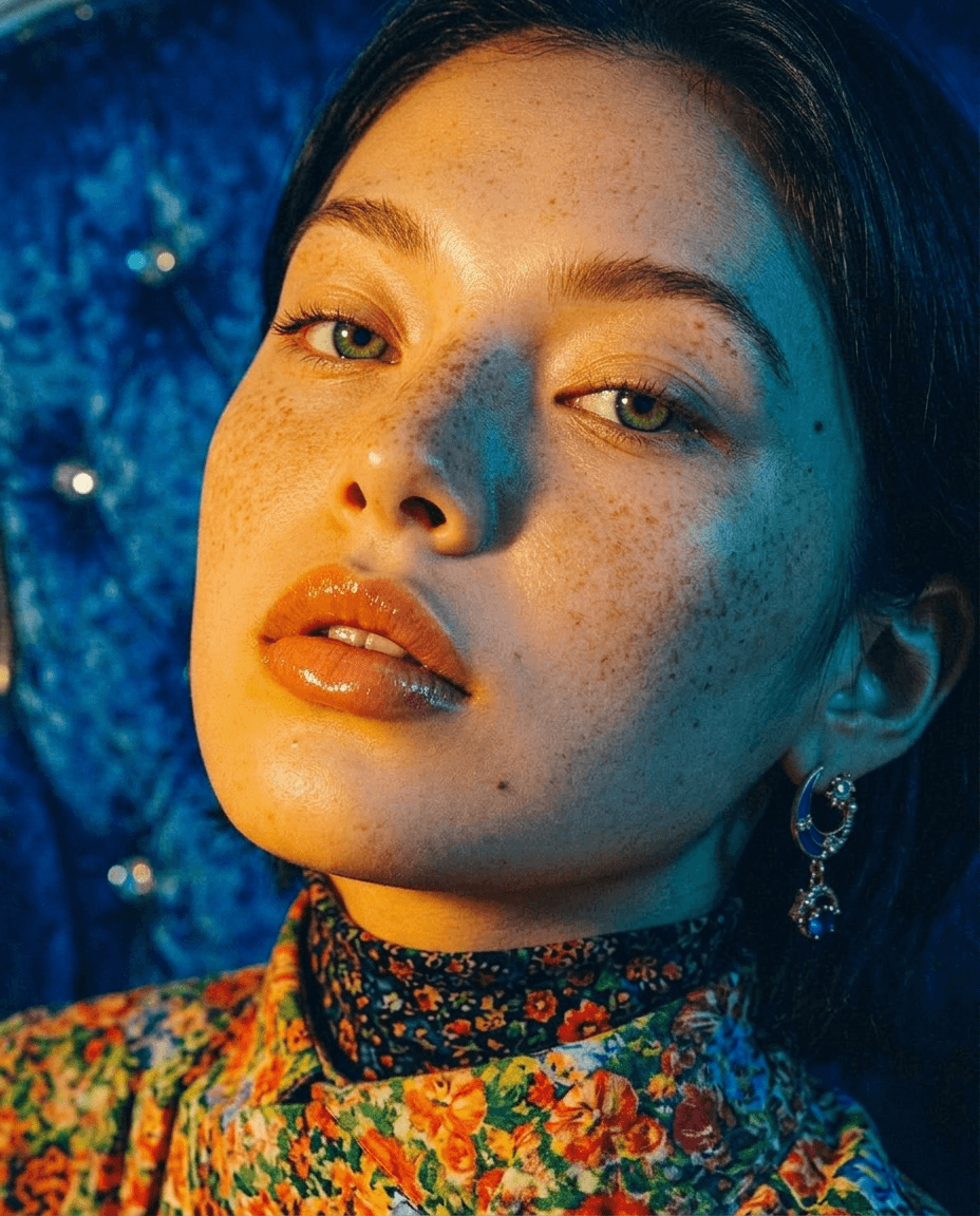 Close-up portrait of a woman with freckled skin and glossy lips in a floral outfit.