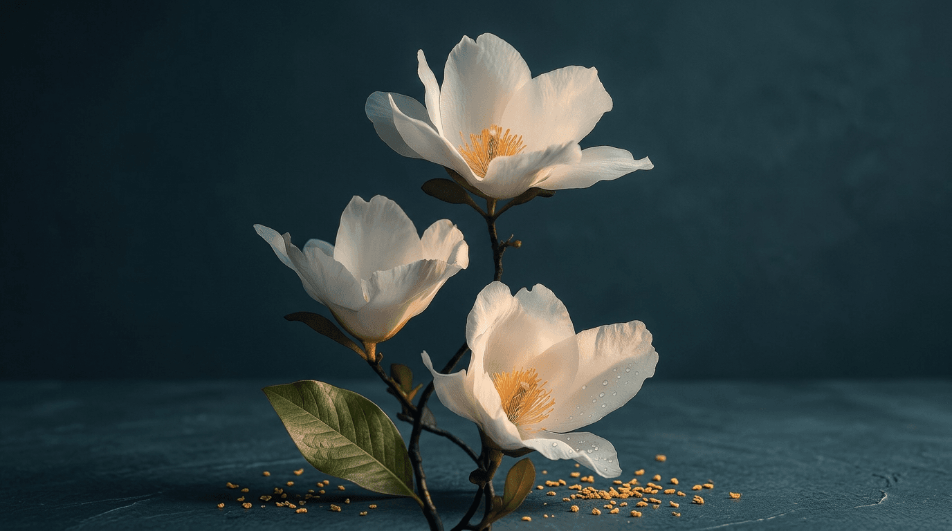 Illustration of white magnolia flowers with green leaves on a dark blue background.