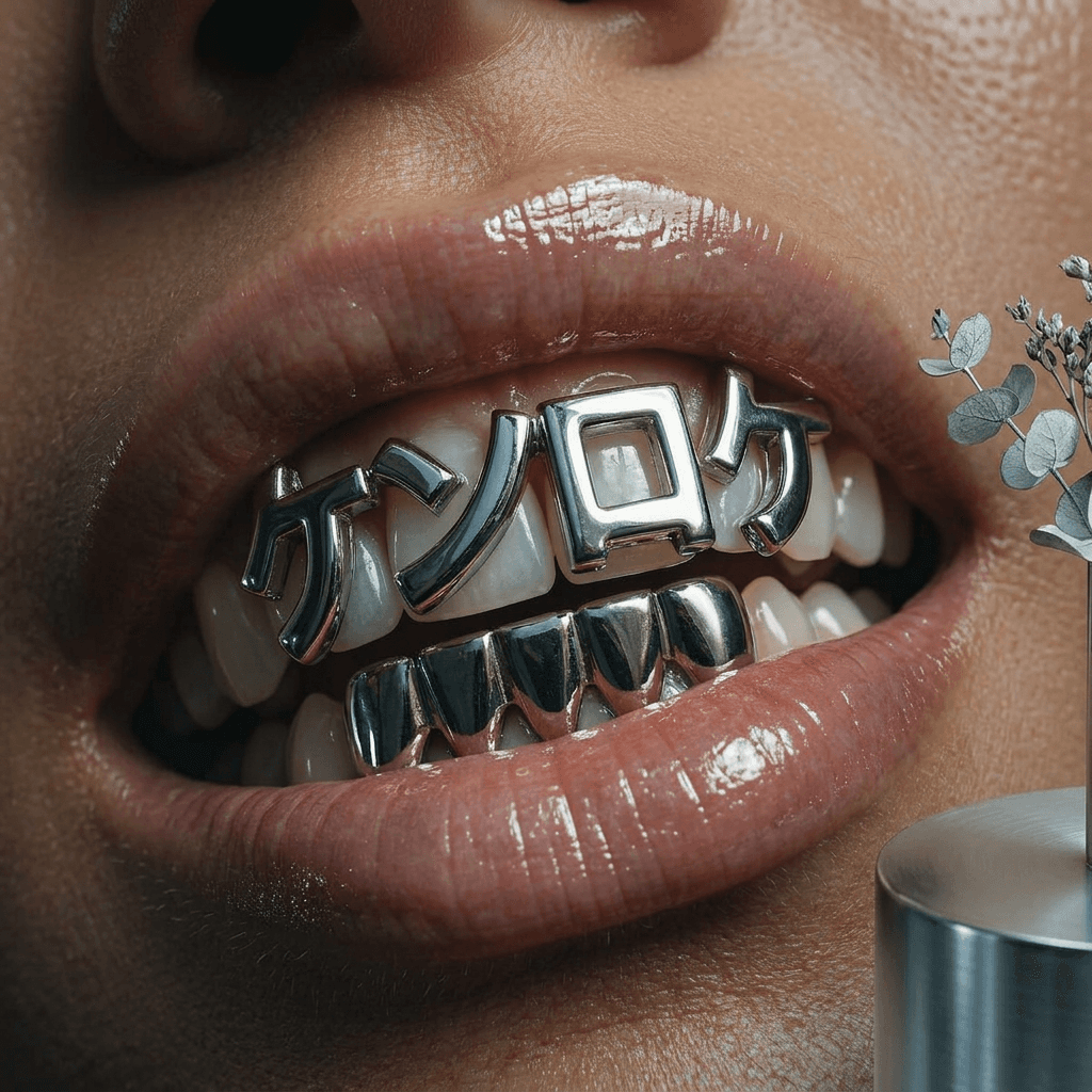 Close-up of an open mouth with shiny silver grillz and stylised characters.