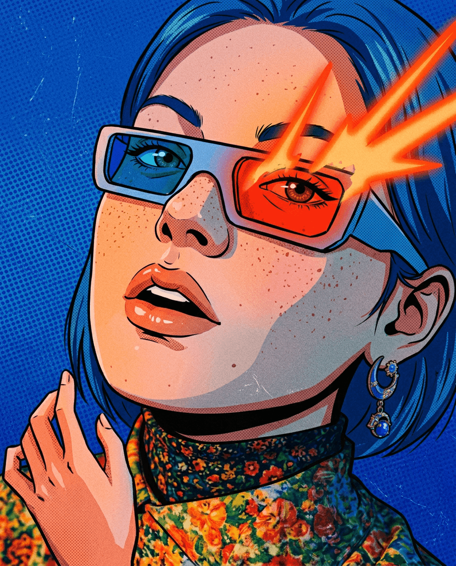Digital illustration of a woman wearing 3D glasses with colourful bursts from one lens.