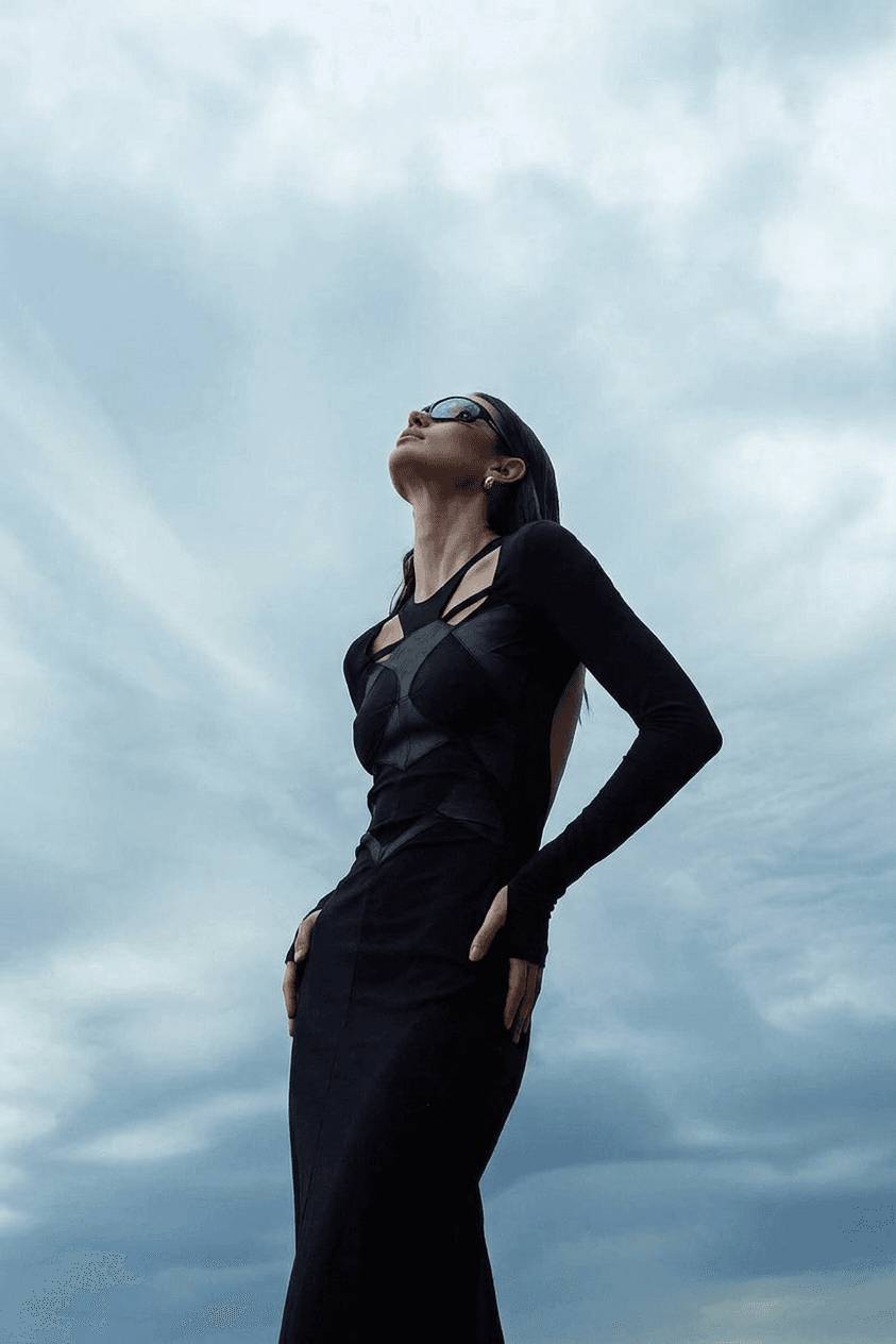 A woman wearing a black dress stands confidently under a grey and blue sky.
