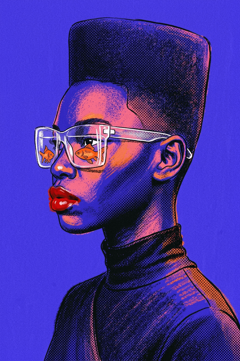Illustration of a person with a high-top hairstyle and sunglasses in vibrant colours.