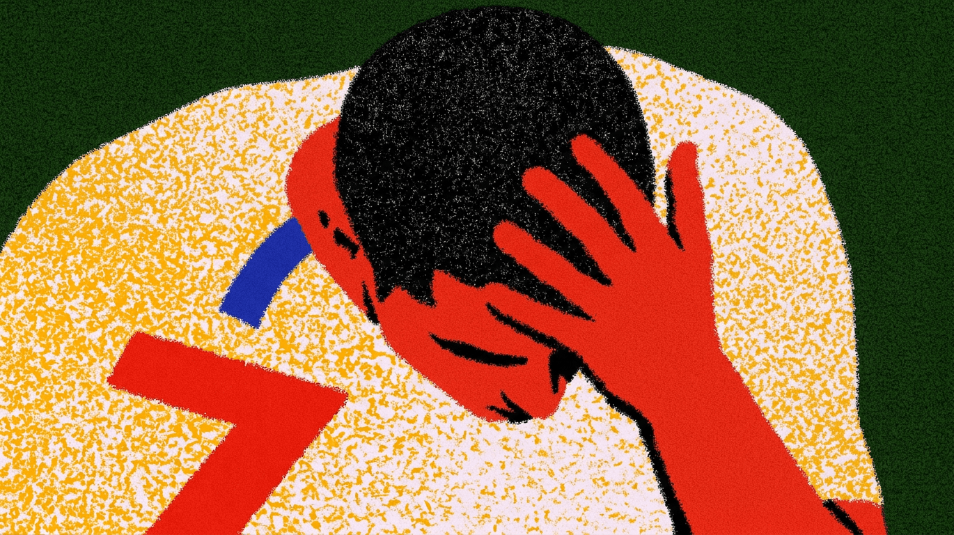 Illustration of a dejected figure with head in hand, wearing a yellow jersey with a red number.