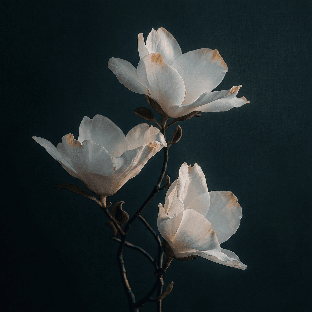 Three delicate magnolia flowers on a dark, textured background.