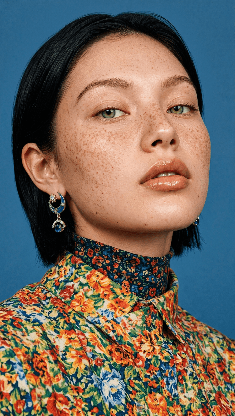 Close-up portrait of a model with freckles and glossy lips in a floral shirt on a blue background.