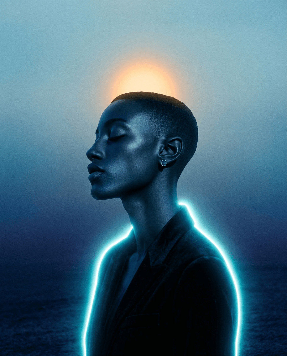Side-profile of a woman with a glowing outline on a gradient background.