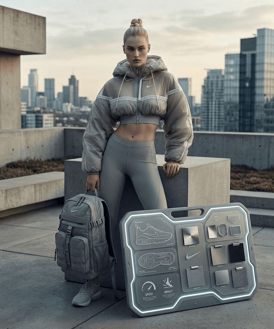 A model poses in a translucent Nike jacket and matching leggings in an urban environment.
