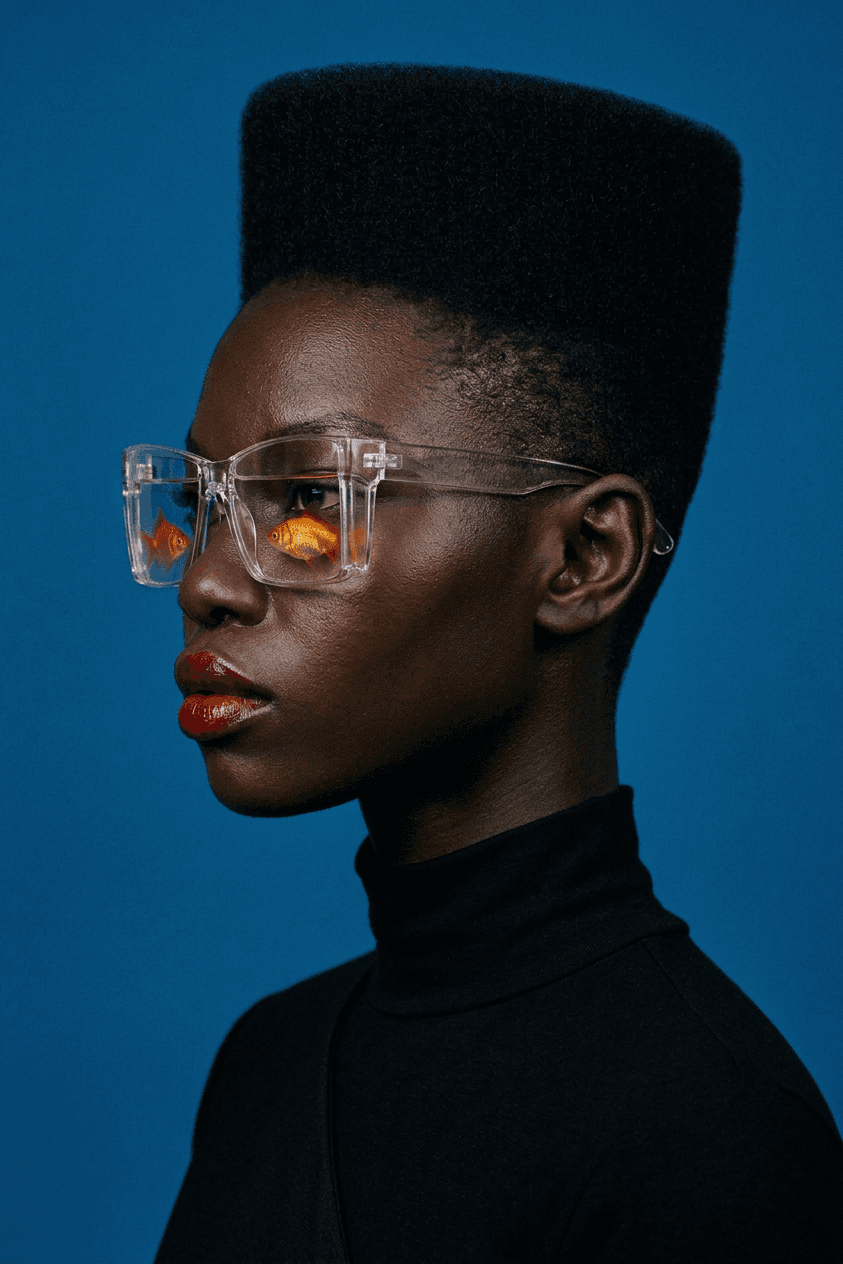 A model with a high-top haircut and oversized glasses reflecting orange tones, set against a blue background.