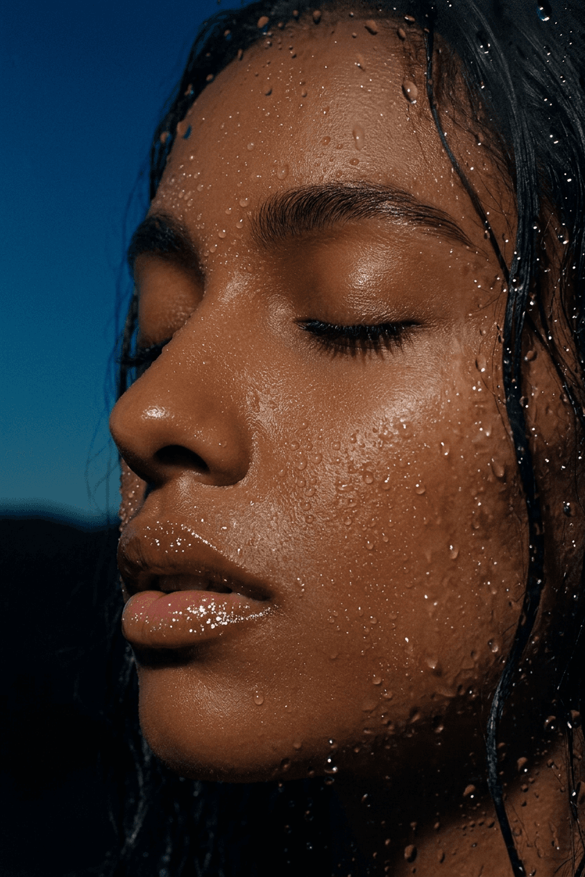 Close-up of a woman with water droplets on her face and a blue background.