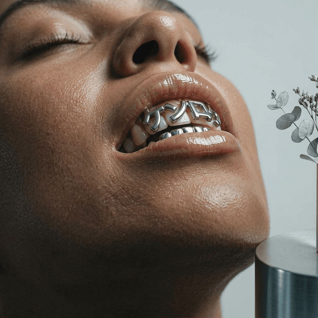 Close-up of a person smiling with a metallic dental accessory and greenery in the background.