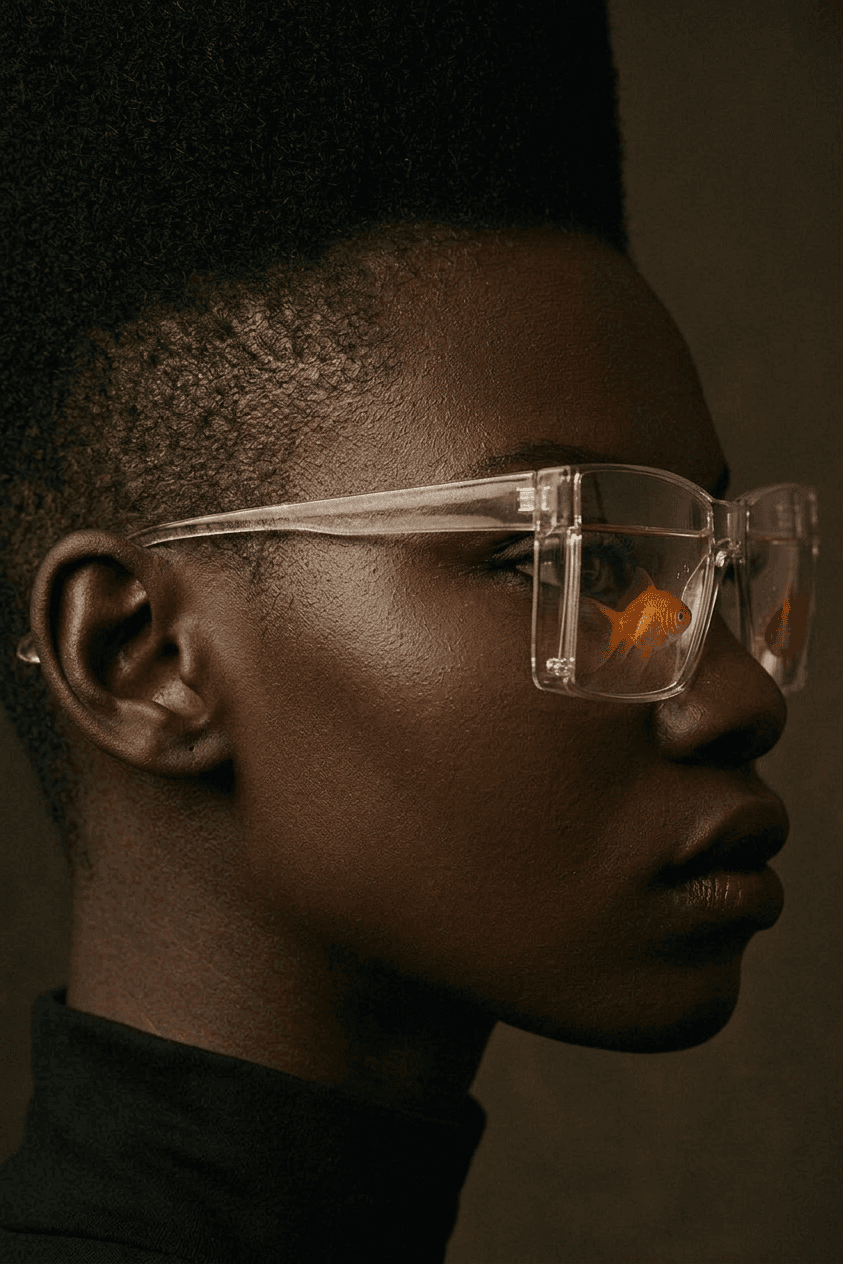 Portrait of a model with high-top hairstyle and glasses reflecting goldfish.