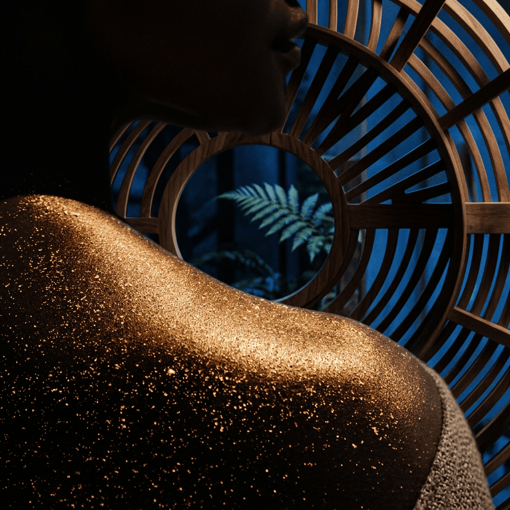 Close-up of a woman's shoulder covered in gold glitter with wooden patterns and greenery in the background.