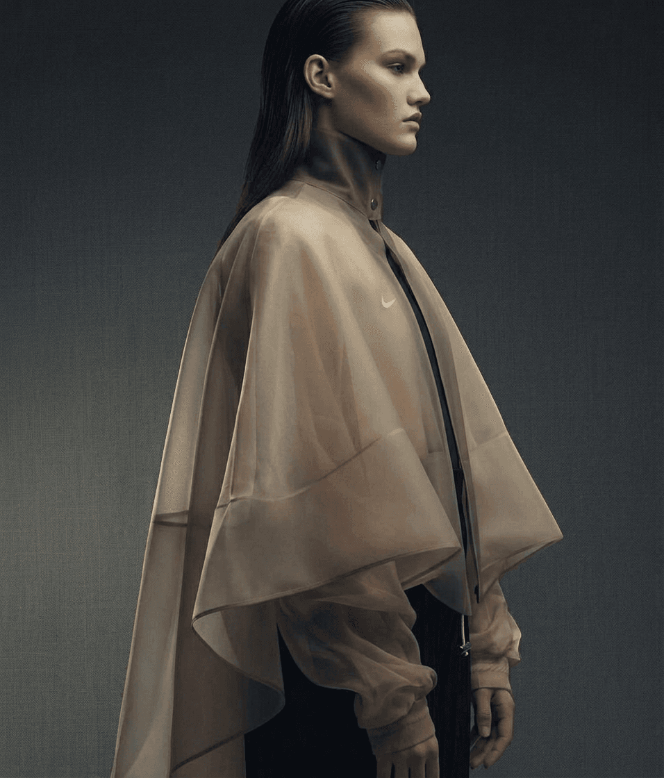 Model wearing a translucent taupe Nike jacket on a grey background.