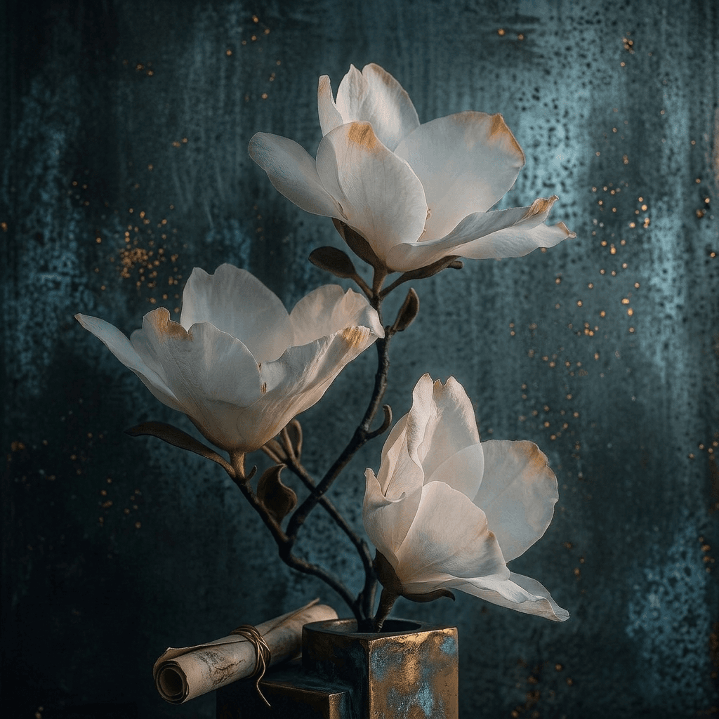 Still life of white flowers with golden edges on a dark blue background.