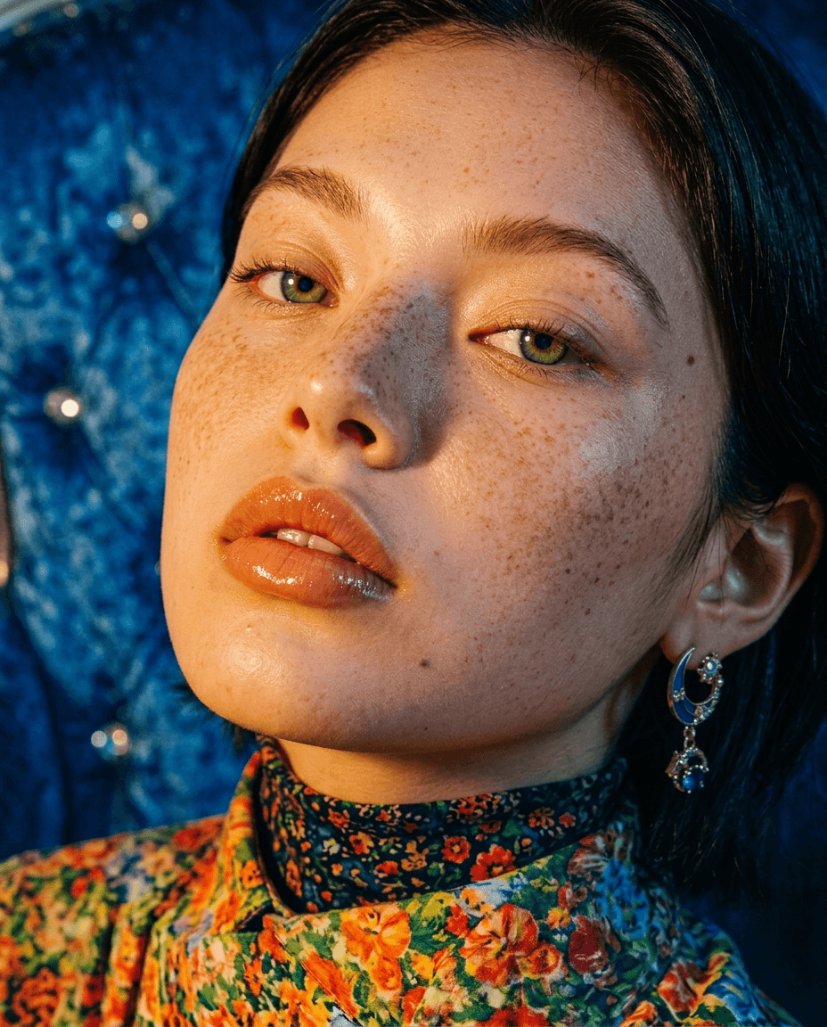 Close-up of a young woman with freckles, glossy lips, and an earring, wearing a floral outfit with a blue background.