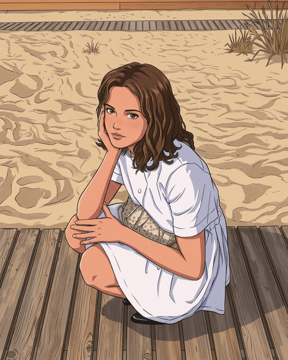 A young woman in a white dress crouches on a wooden surface against sandy terrain.