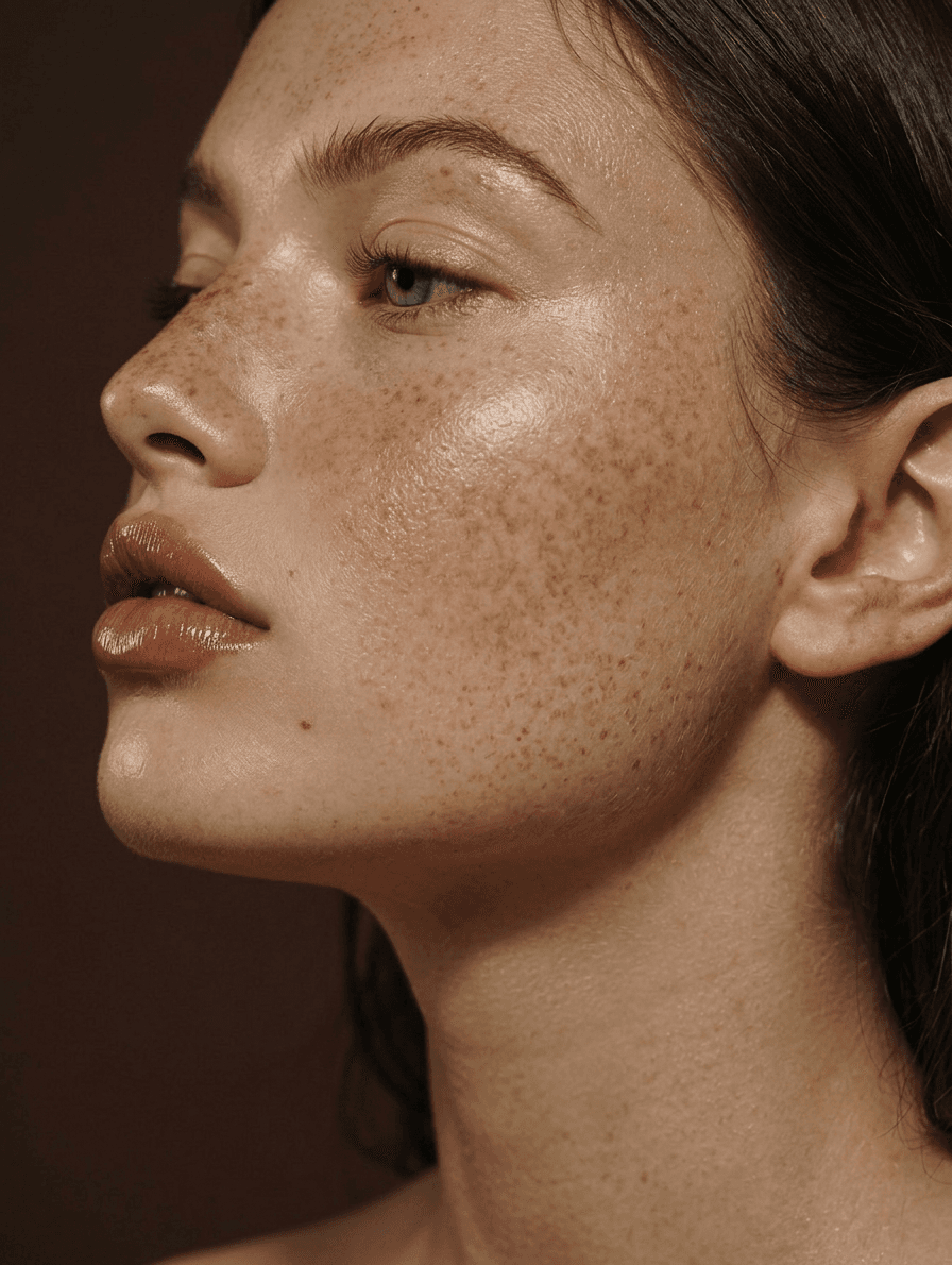 Close-up portrait of a woman with freckles and glossy lips on a brown background.