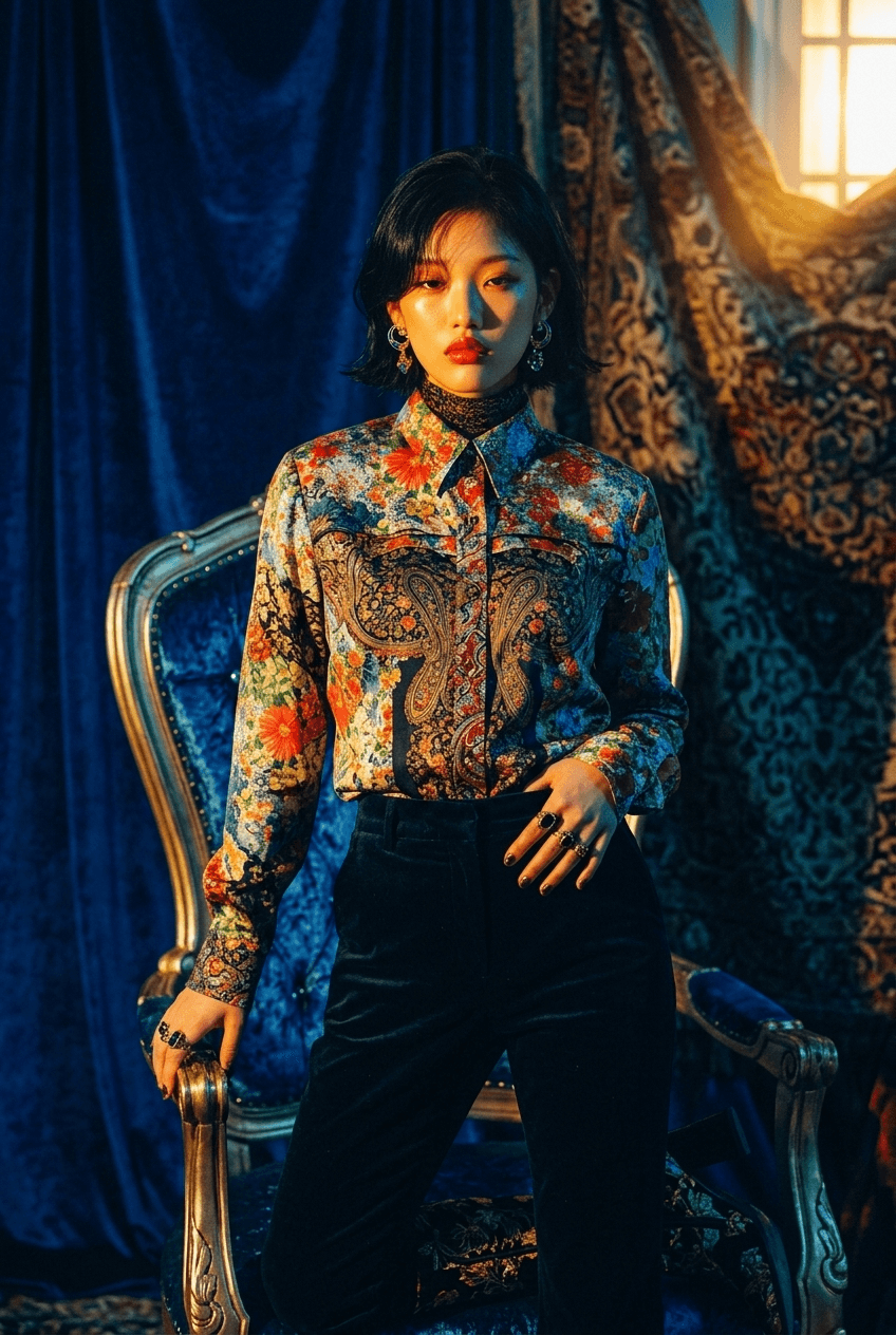 A model wearing a floral shirt and velvet pants in front of a blue and gold background.