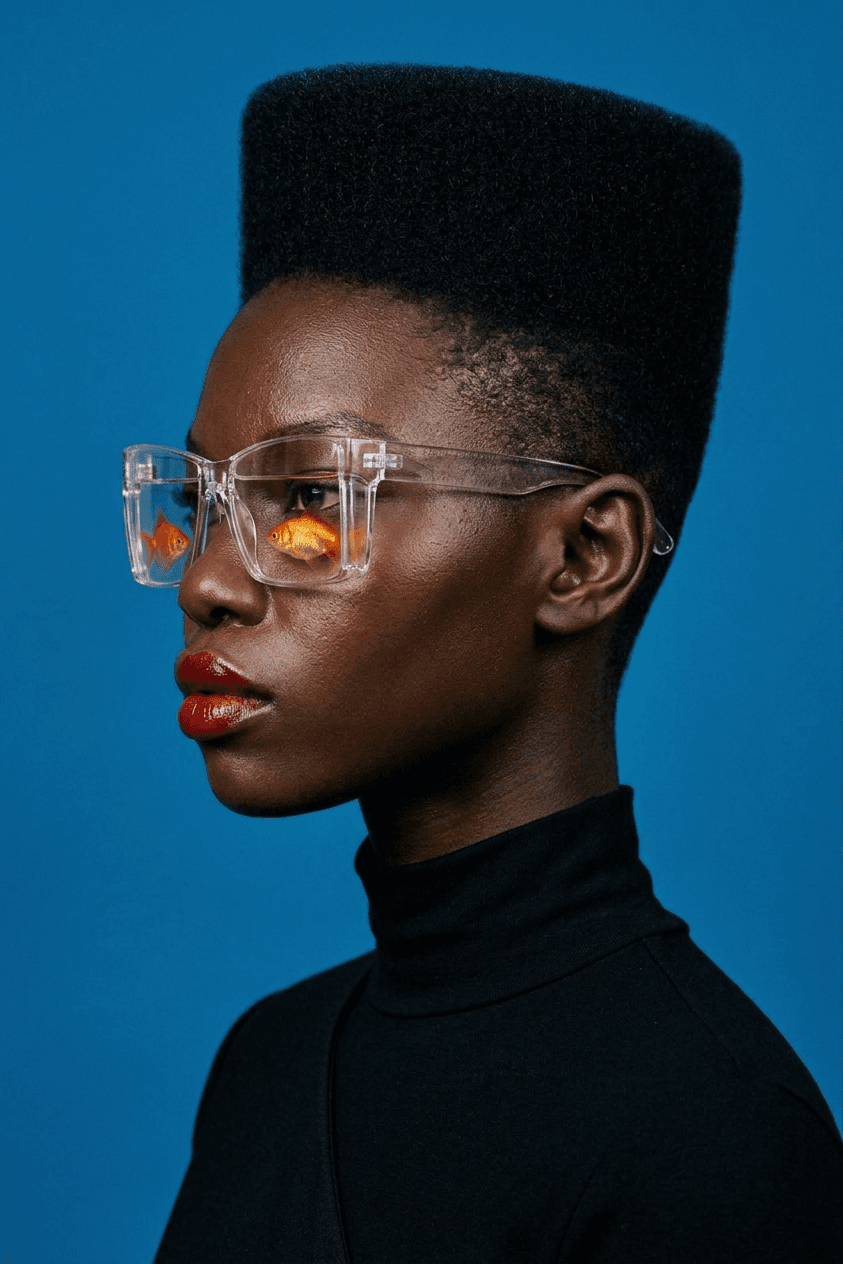 Model with high flat-top hairstyle and clear glasses reflecting orange fish on a blue background.