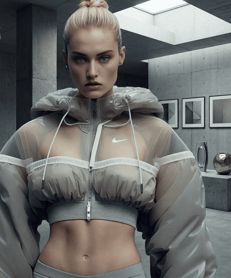 A model wearing a sheer cropped jacket and athletic wear in front of a modern architectural background.