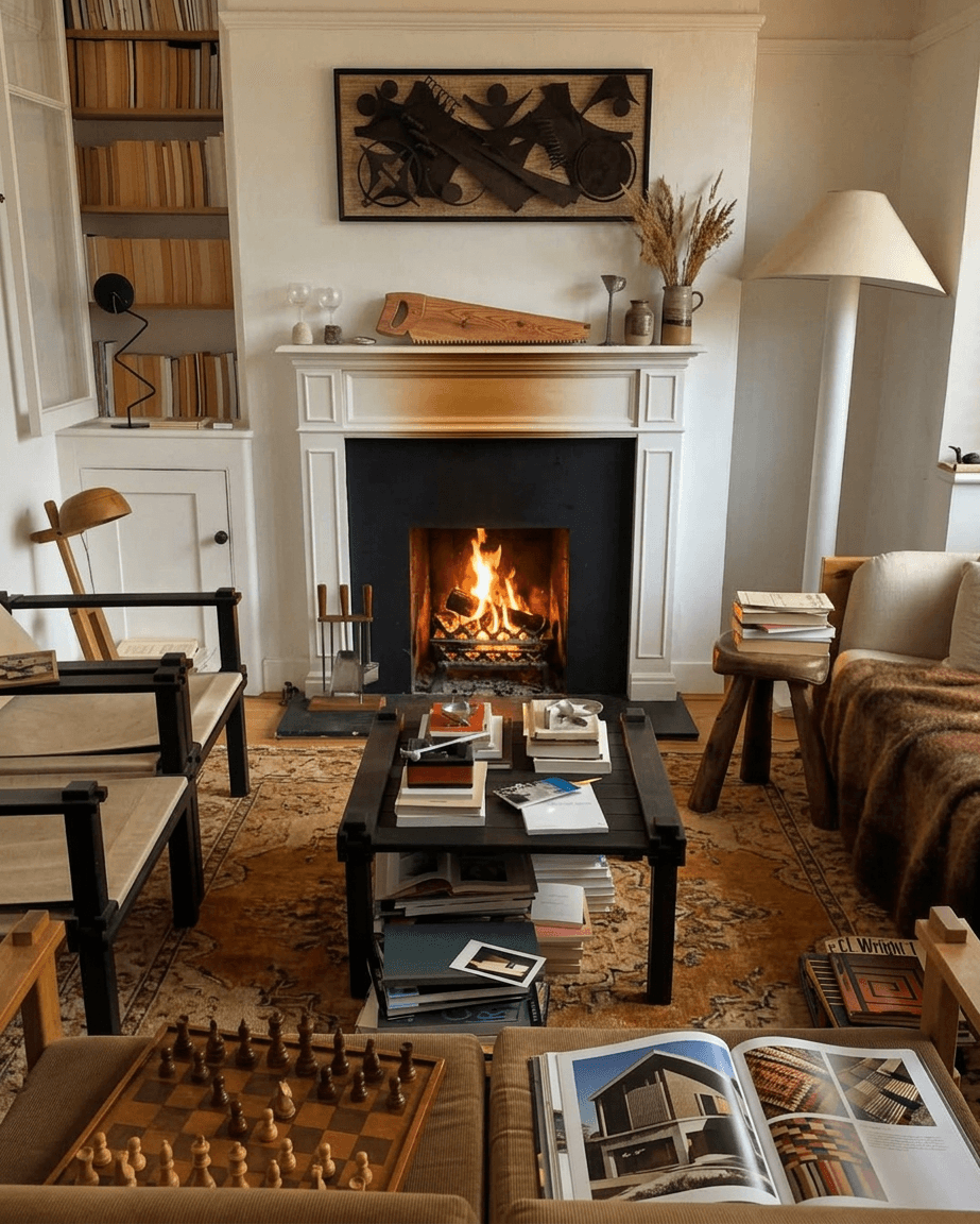 Interior scene with a fireplace, books, chess set, and plush seating.