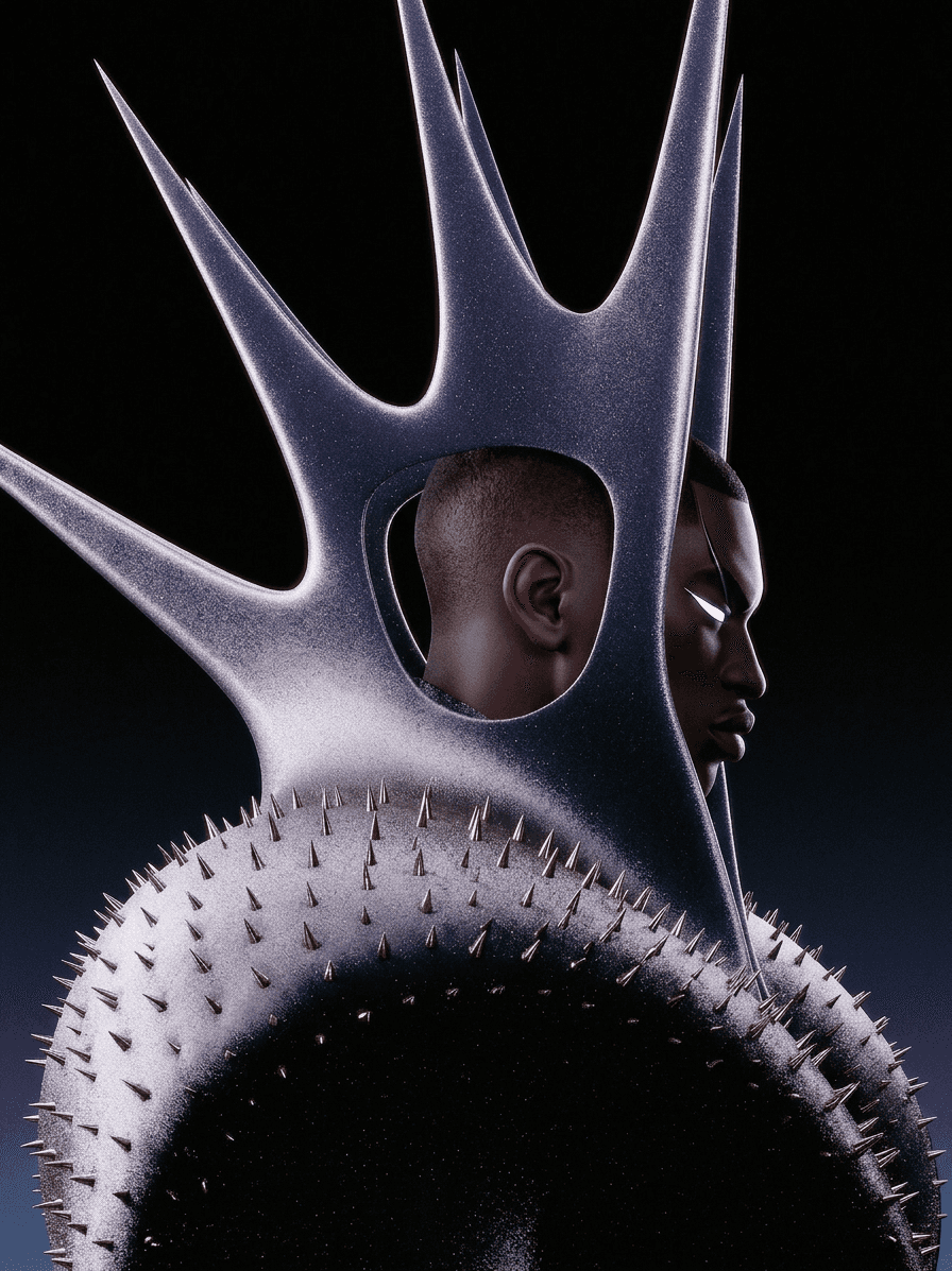 3D illustration of a figure with a spiky headpiece in dark and purple tones.