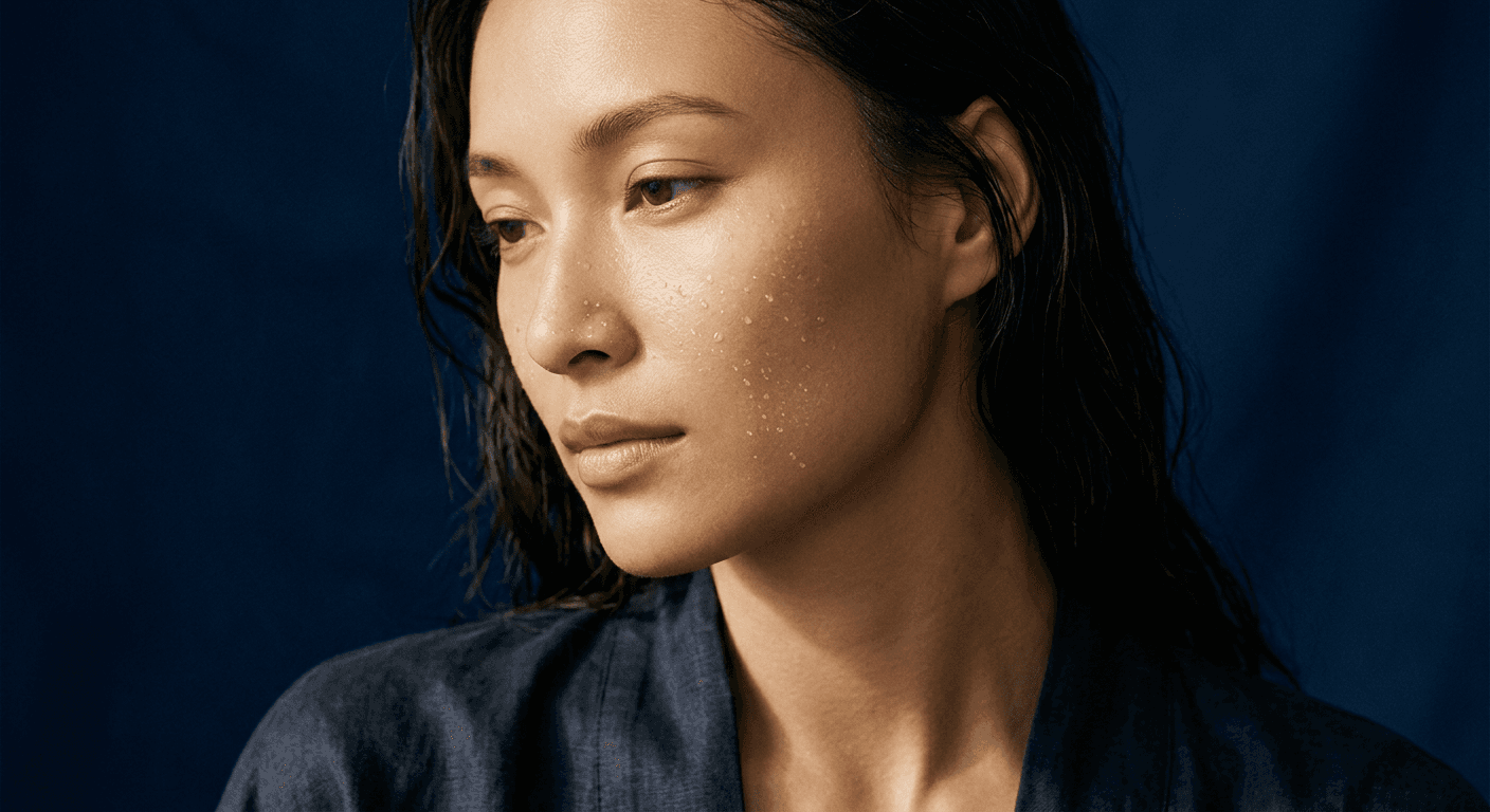 Portrait of a woman with wet hair and droplets on her skin, deep blue background.