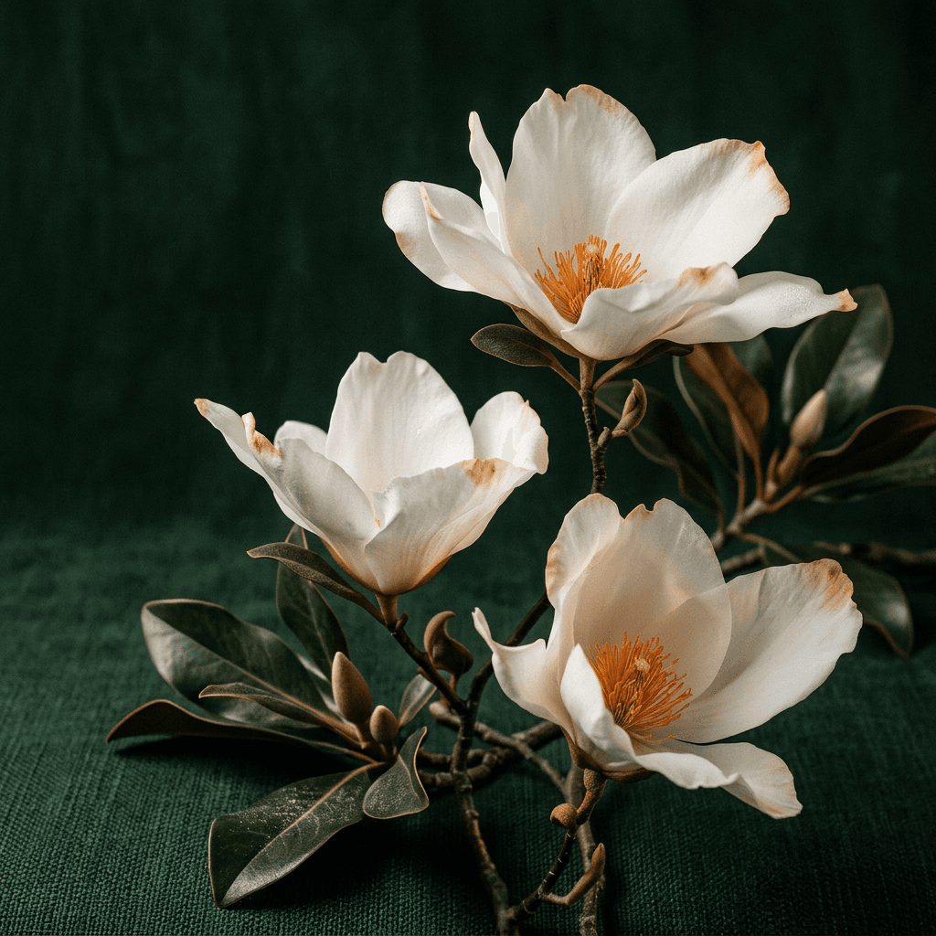 A delicate arrangement of white magnolia flowers with golden edges on a green background.