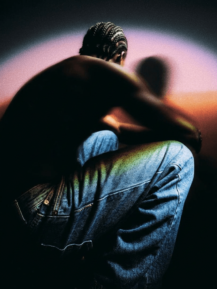 Silhouetted figure with braided hair seated, back turned, in deep blue and soft gradient light.