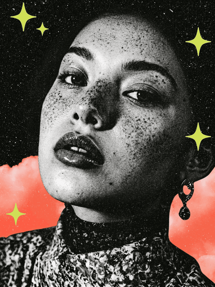Digital illustration of a woman with freckles and bold makeup in a cosmic background.