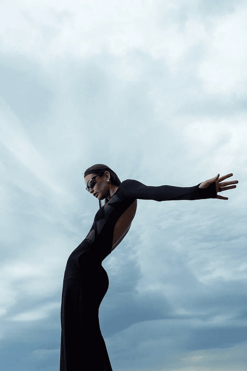 Model in a black dress posed against a sky with swirling clouds.