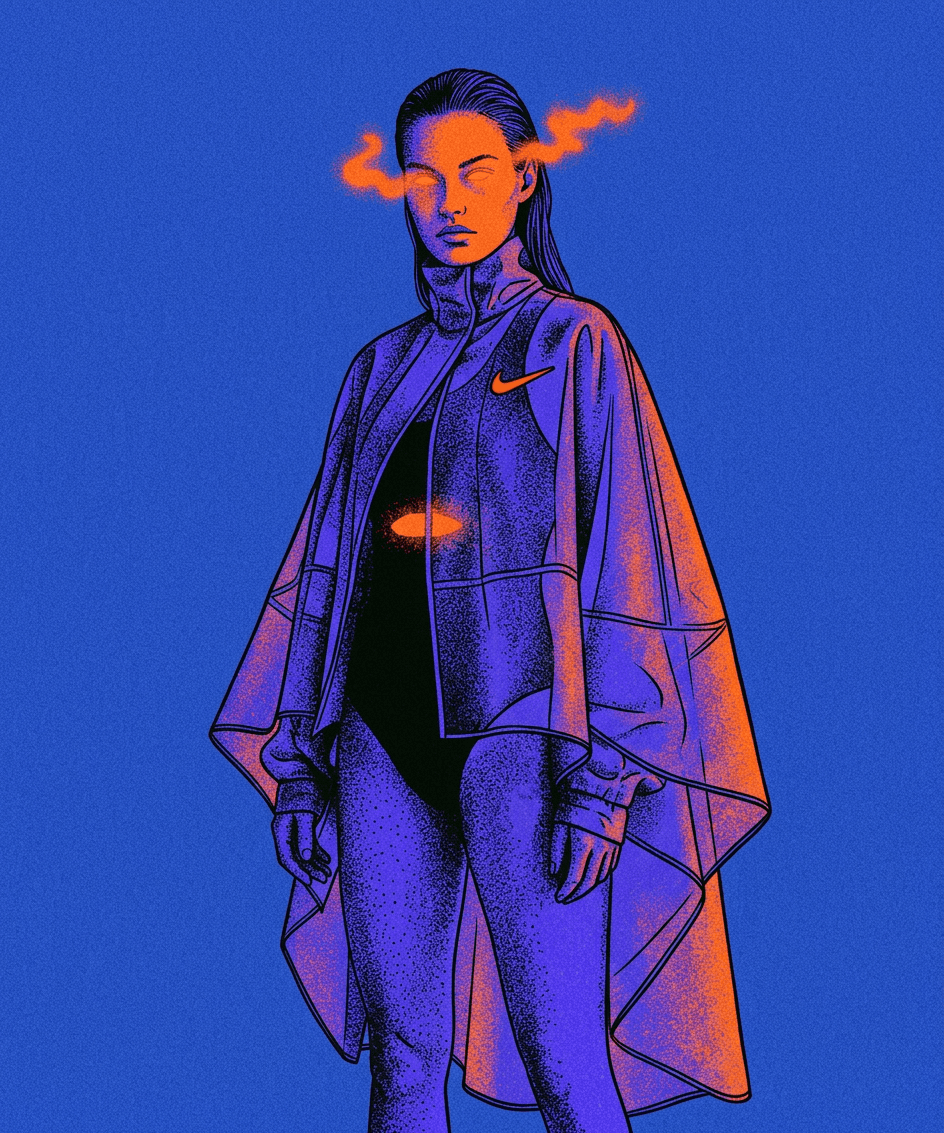 Digital illustration of a woman in a stylised athletic outfit on a blue background.