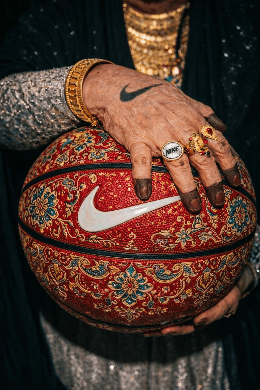 Close-up of an elderly woman's hand with rings holding a patterned basketball.
