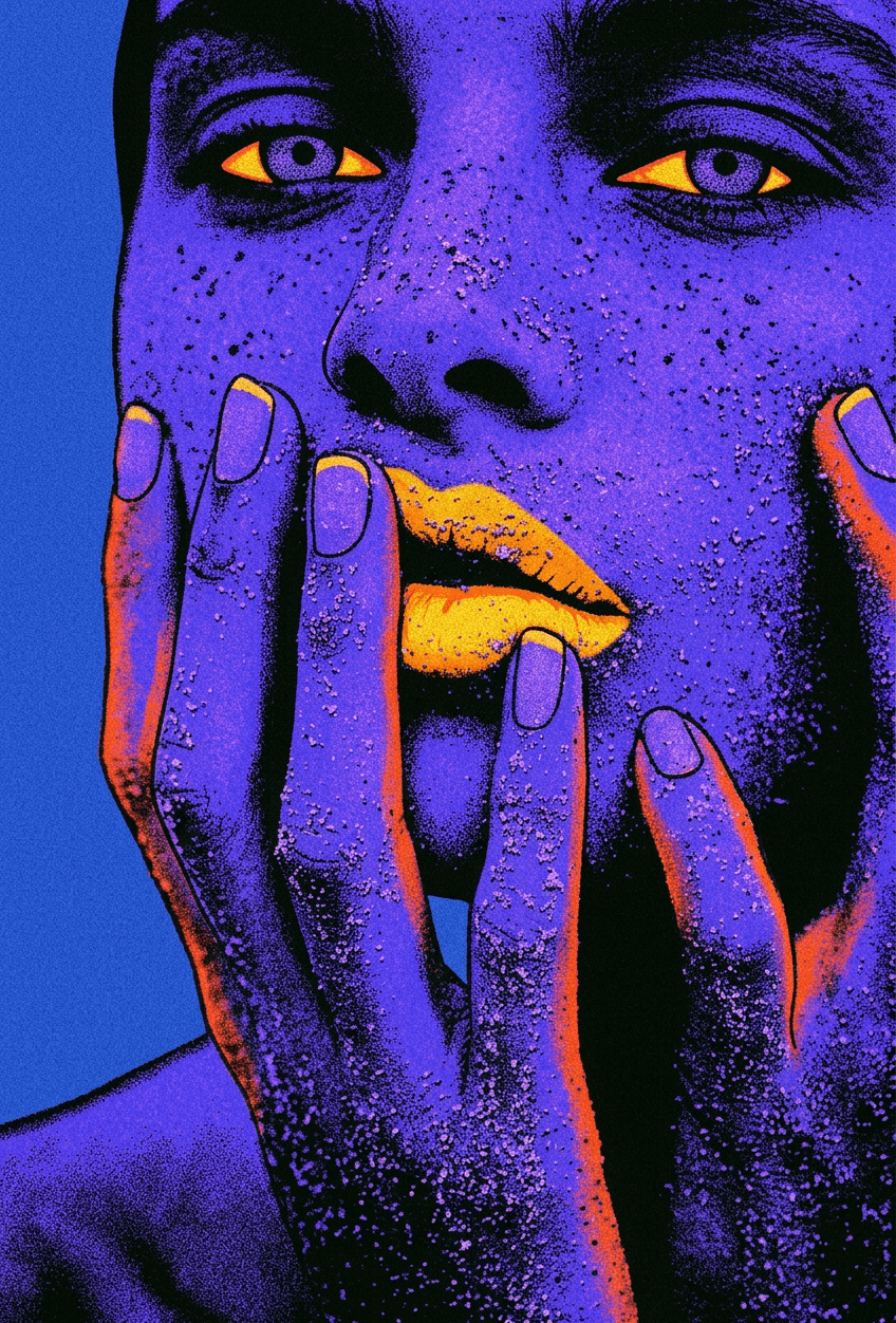 Digital illustration of a person with purple skin and orange lips.