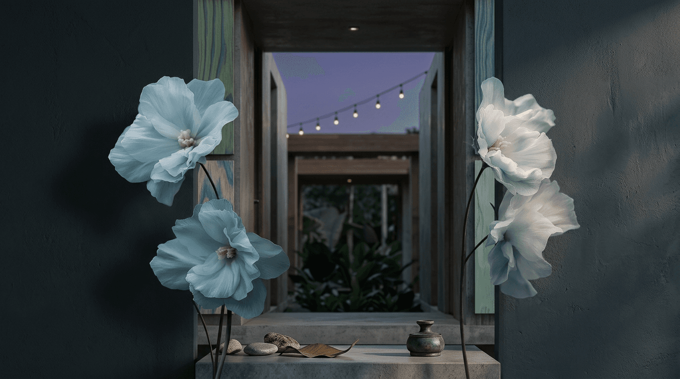 3D illustration of large blue flowers in a softly lit passageway.