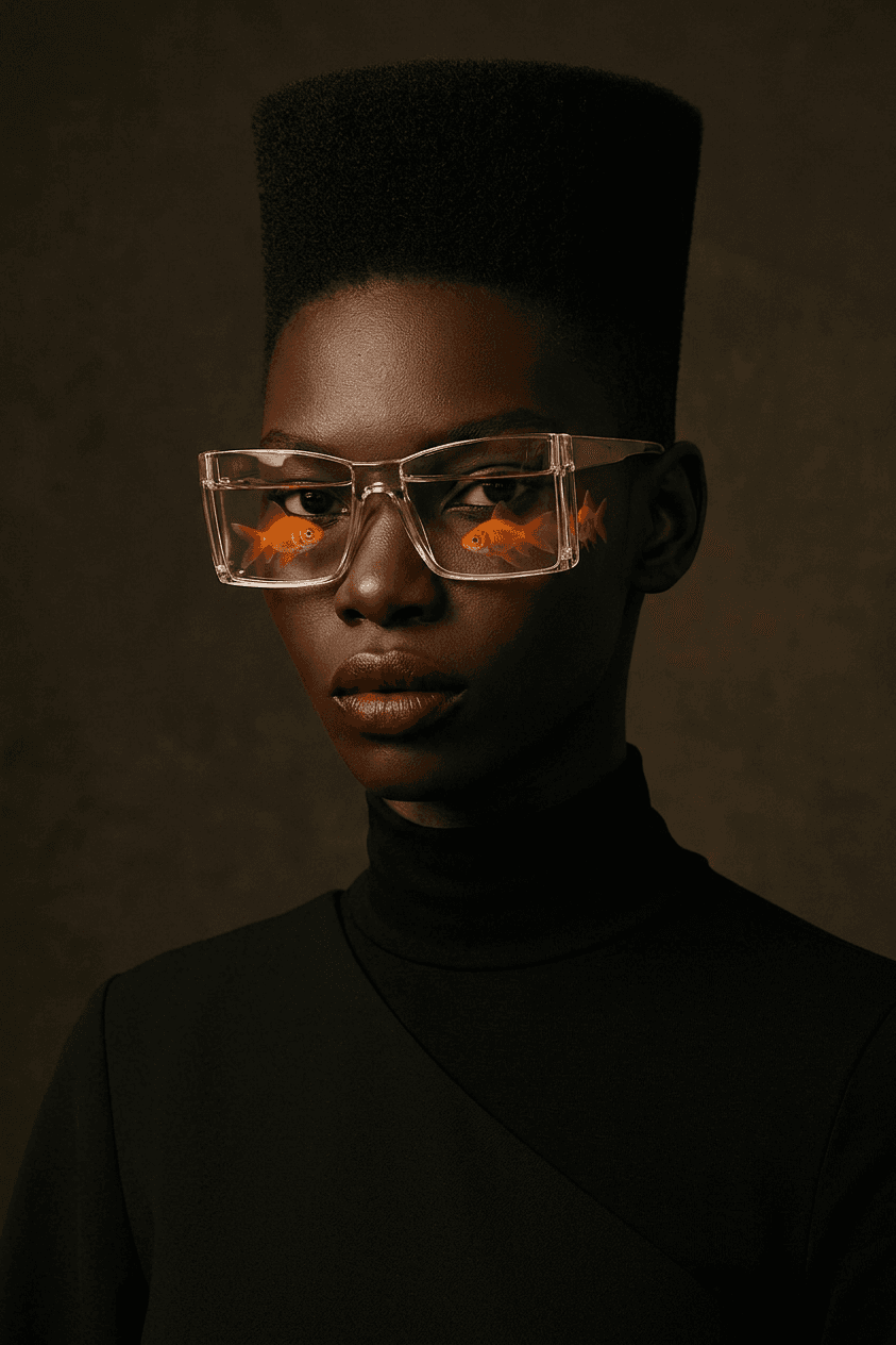 Model with high-top hairstyle and clear glasses reflecting goldfish.