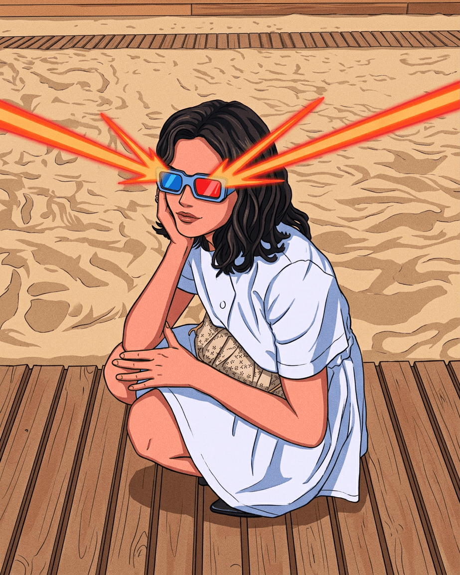 Digital illustration of a young woman in sunglasses with red beams, sitting on a wooden platform by a beach.